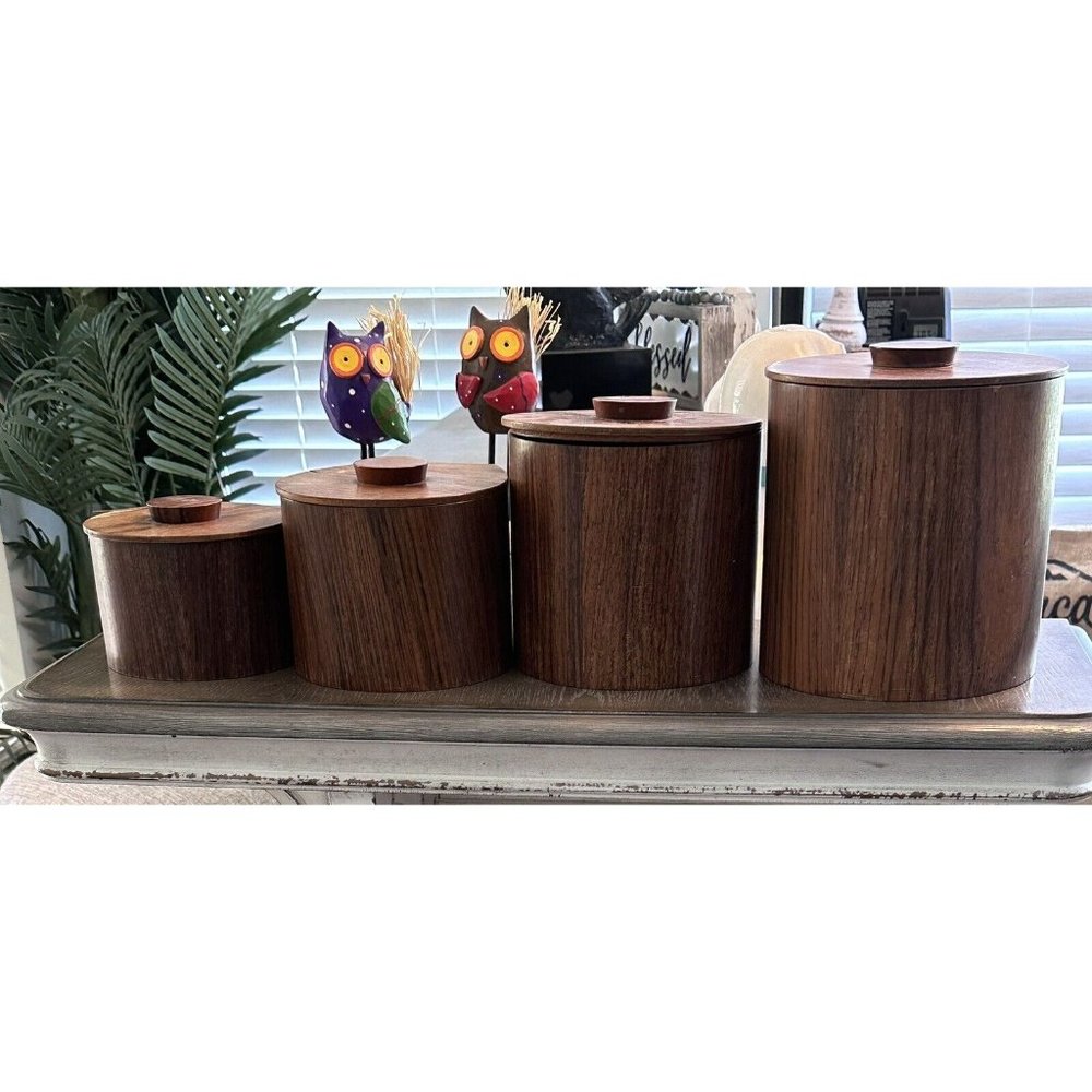Danish Mid Century Teak Wood Canister Set Nesting 4 Canisters With Lids